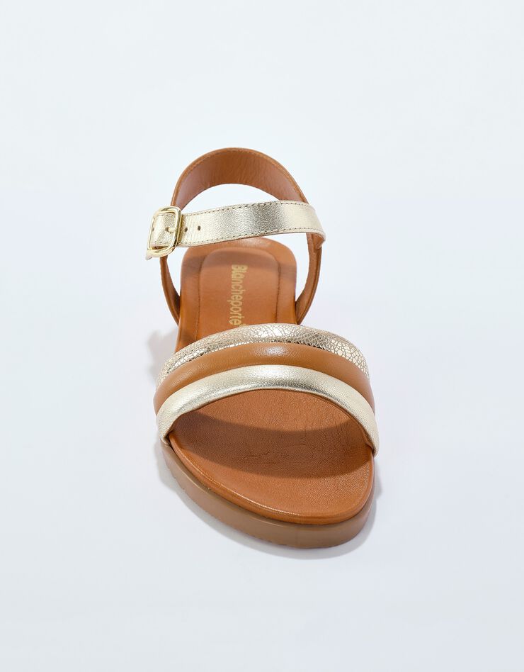 Sandales compensées en cuir fantaisie tricolore (caramel)