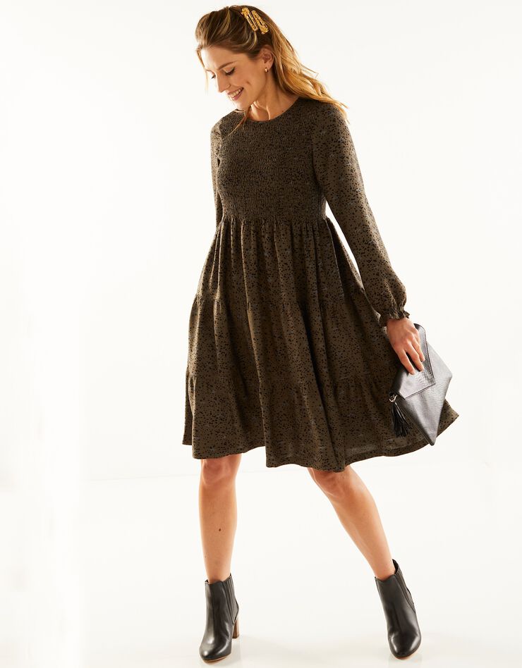 Robe smockée manches longues imprimé peau de bête (bronze / noir) Robe smockée manches longues imprimé peau de bête (bronze / noir)