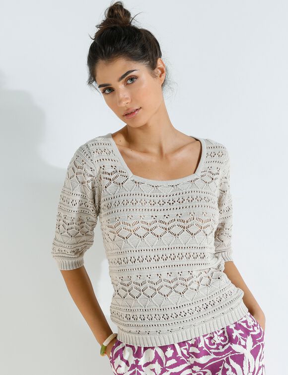 Pull maille ajourée fantaisie, manches coude (beige)