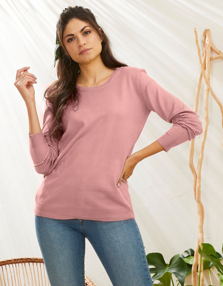 Pull col rond uni toucher cachemire (rose grisé) Pull col rond uni toucher cachemire (rose grisé)
