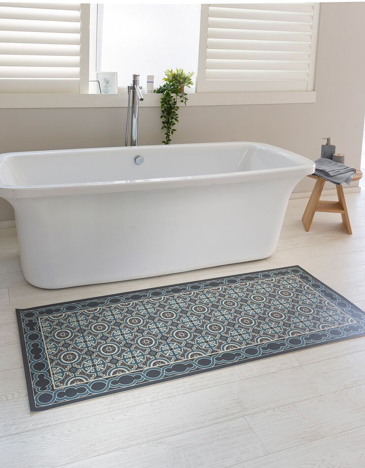 Tapis vinyle effet carreaux de ciment (bleu/gris/noir) Tapis vinyle effet carreaux de ciment (bleu/gris/noir)