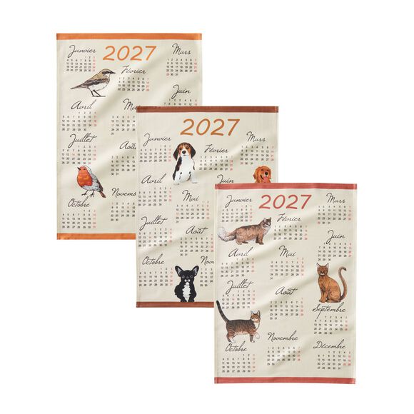 Torchon calendrier chiens chats oiseaux - lot de 3 (multicolore)