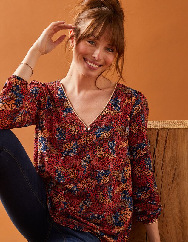 Blouse évasée détails dorés imprimé fleurs (paprika / bleu)