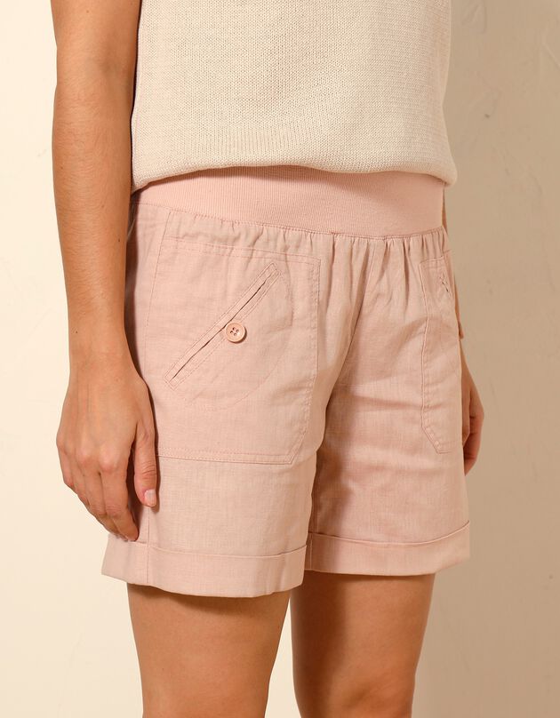 Short droit à revers, lin coton (rose poudré)