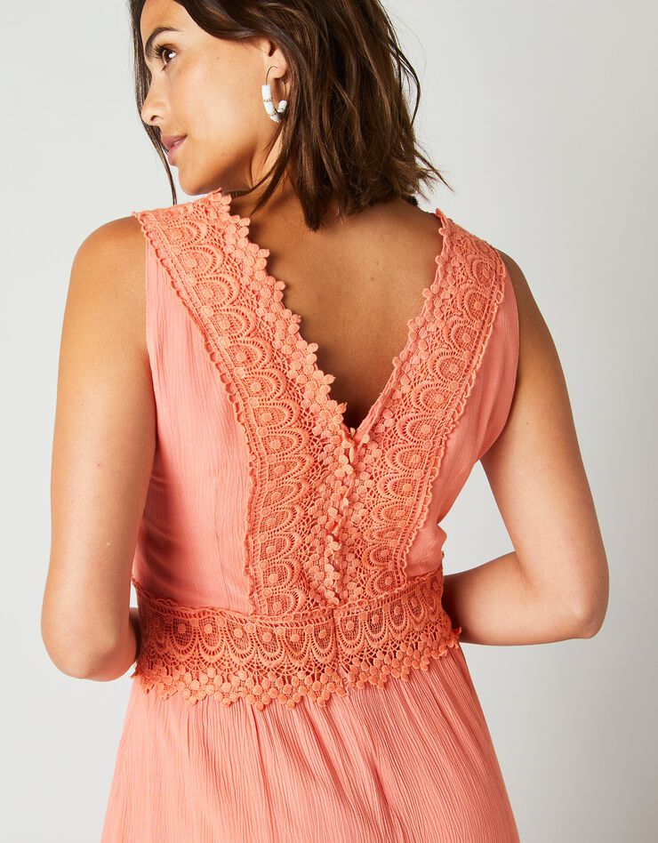 Robe longue volantée macramé (corail)