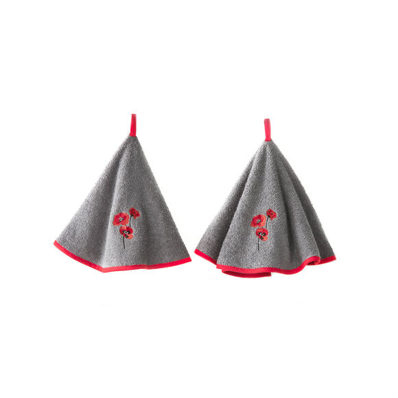 Torchons rond éponge brodée coquelicots - lot de 2 (gris)
