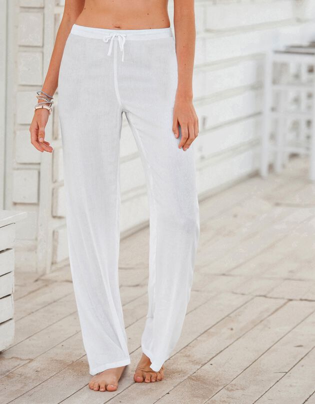 Pantalon droit uni, crépon fluide (blanc)