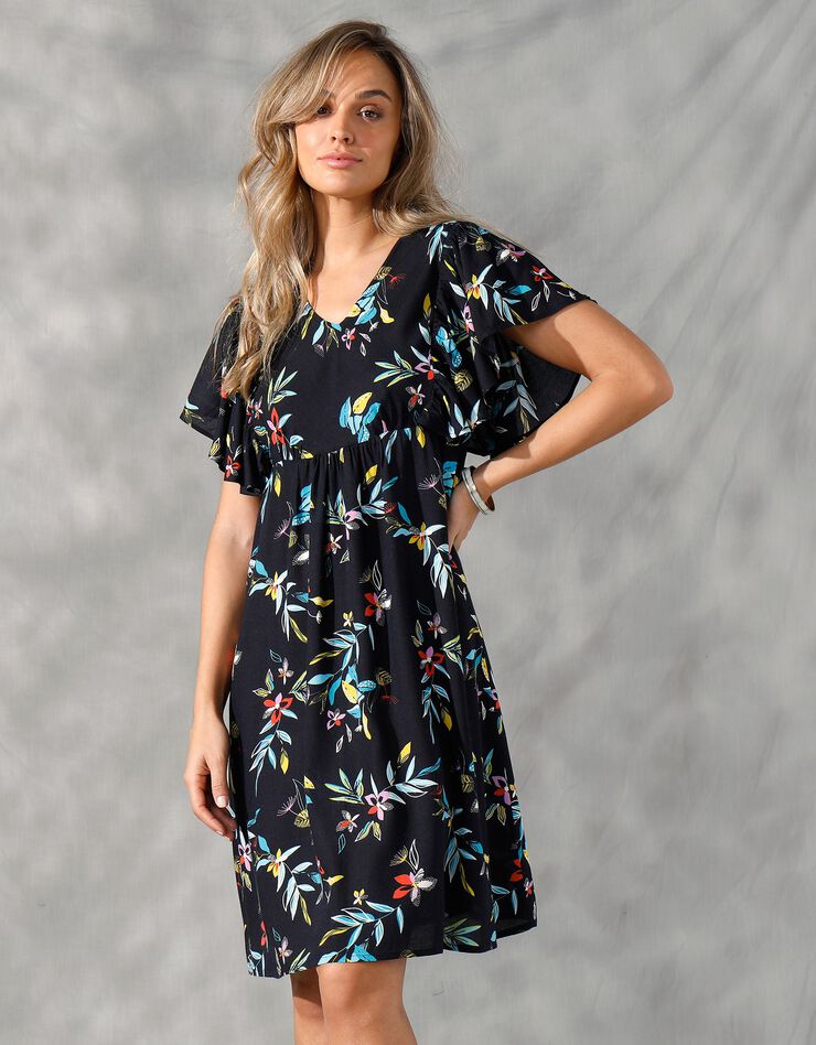 Robe courte manches "papillon", imprimé floral (noir / turquoise)