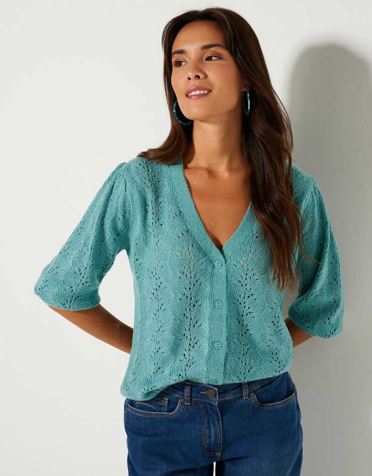 Gilet col V, maille ajourée toucher mohair (vert grisé) Gilet col V, maille ajourée toucher mohair (vert grisé)