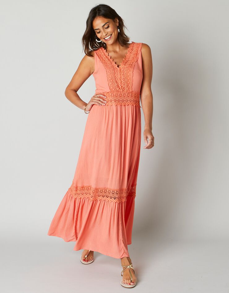 Robe longue volantée macramé (corail)