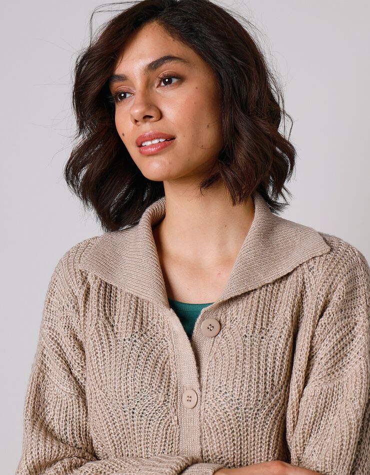 Cardigan maille fantaisie manches blousantes avec col (grège) Cardigan maille fantaisie manches blousantes avec col (grège)
