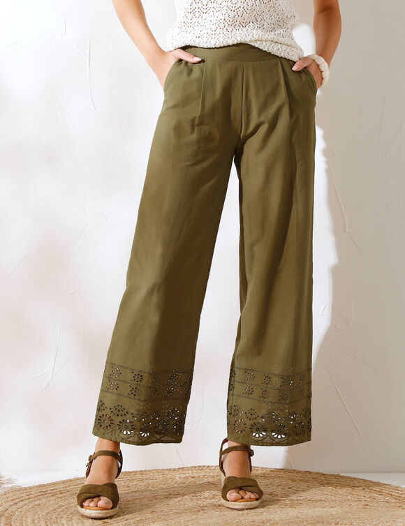 Pantalon large 7/8ème, broderie anglaise (kaki)