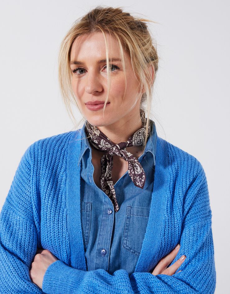 Gilet long porter ouvert, maille anglaise toucher mohair (bleu lavande)