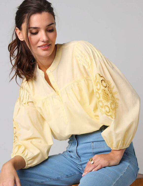 Blouse ample manches 7/8&egrave; brod&eacute;es (jaune)