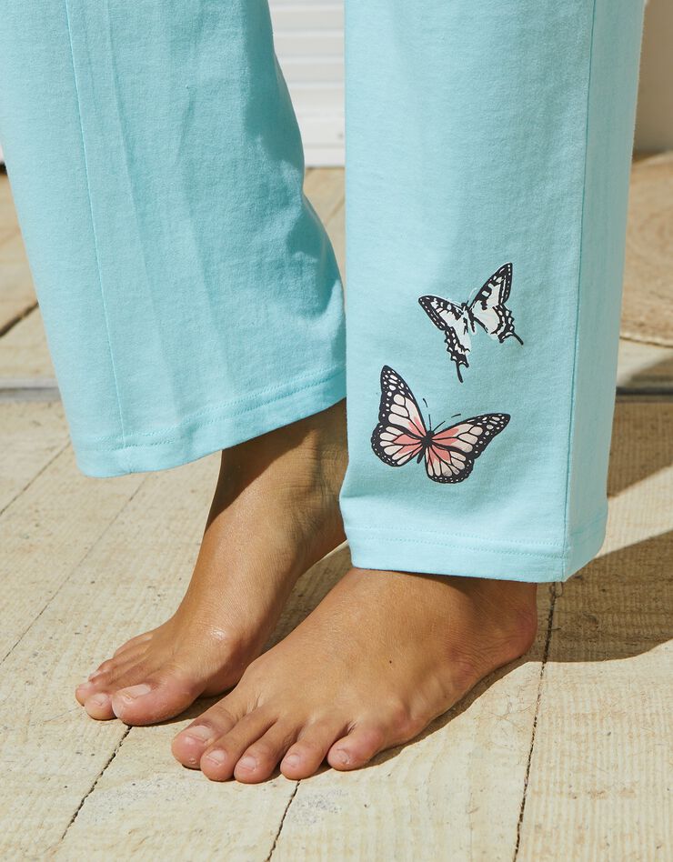 Pantalon pyjama imprimé placé papillons - coton (turquoise grisé) Pantalon pyjama imprimé placé papillons - coton (turquoise grisé)