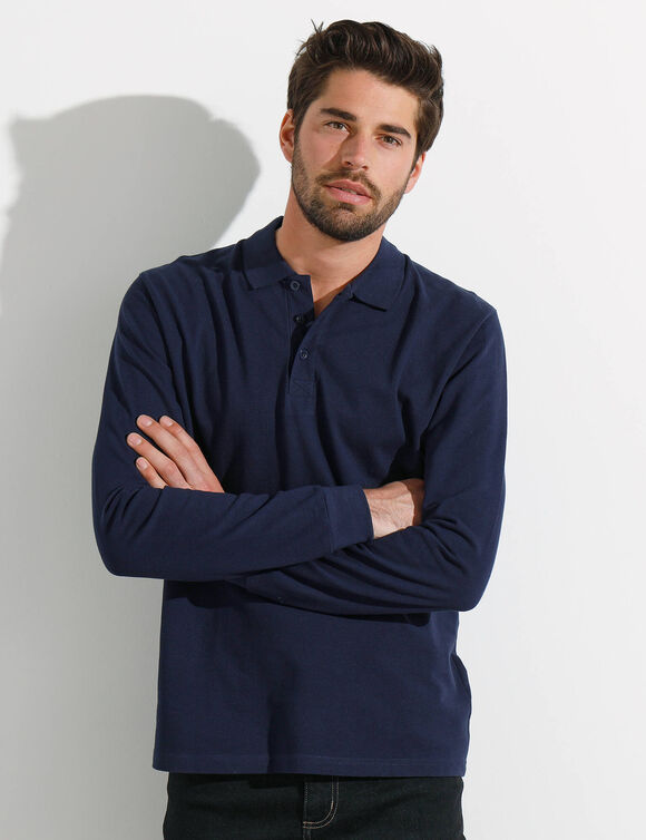 Polo uni maille piquée manches longues (marine)