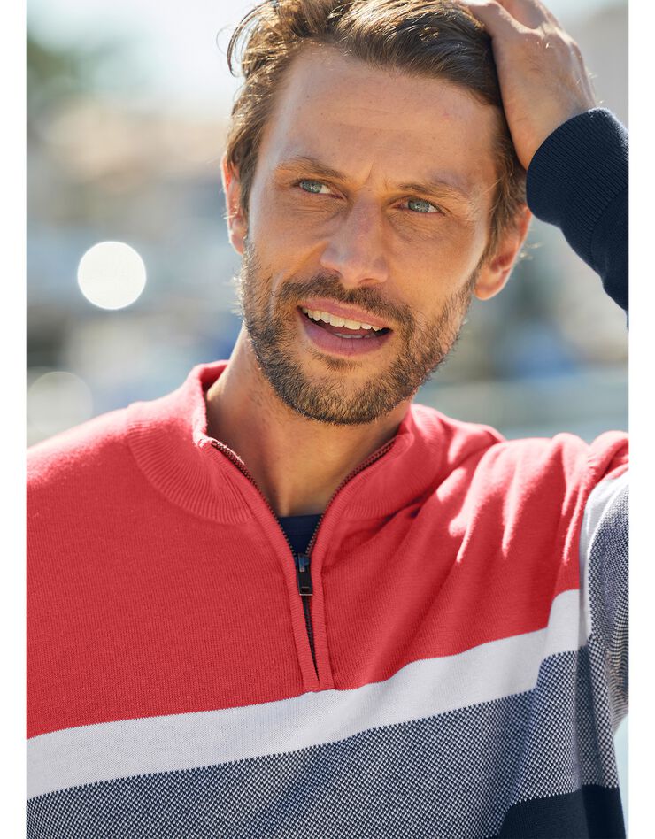 Pull col montant zippé (marine / corail) Pull col montant zippé (marine / corail)