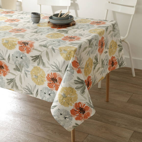 Nappe toile cir&eacute;e imprim&eacute; grosses fleurs (jaune / corail)