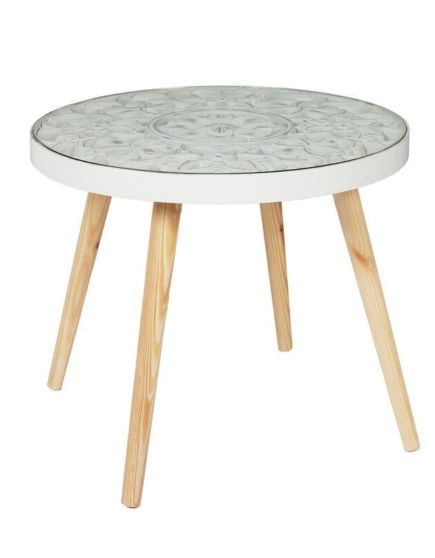 Table basse en bois - plateau à motifs arabesques (blanc)