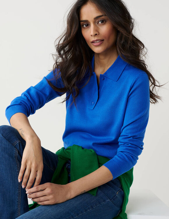 Pull col polo boutonn&eacute;, toucher doux (bleu)