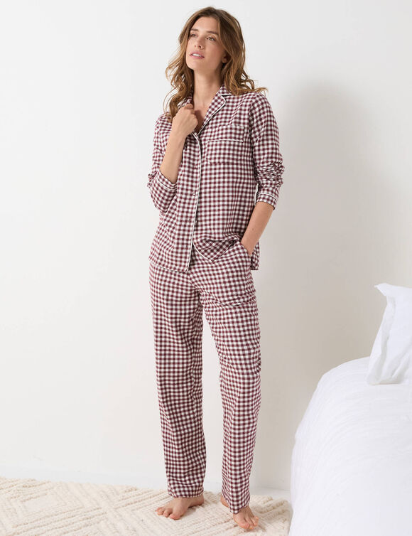 Pyjama pantalon boutonn&eacute; manches longues, en flanelle motif vichy tiss&eacute; teint (chocolat / &eacute;cru)