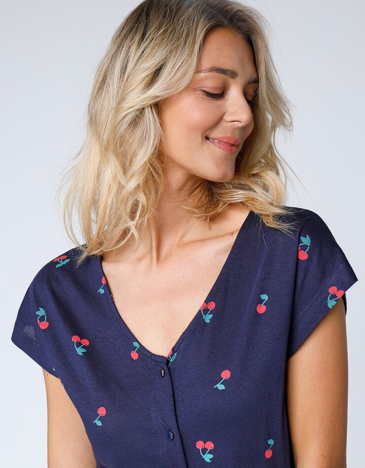 Tee-shirt col V boutonné imprimé cerises, spécial petites (marine) Tee-shirt col V boutonné imprimé cerises, spécial petites (marine)