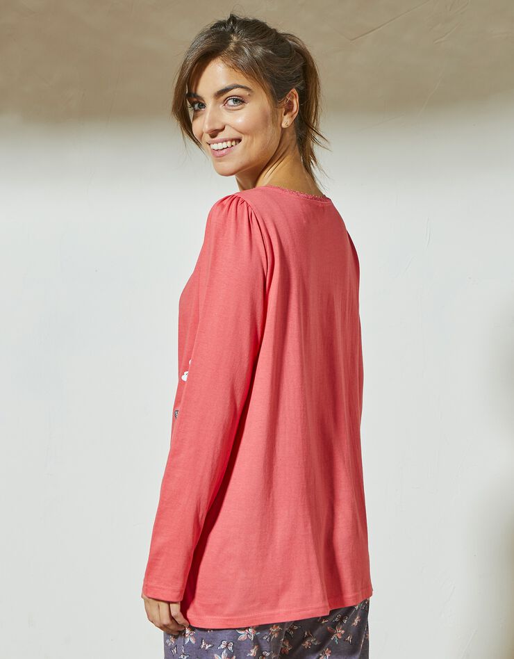 T-shirt pyjama manches longues imprimé placé papillons (corail)