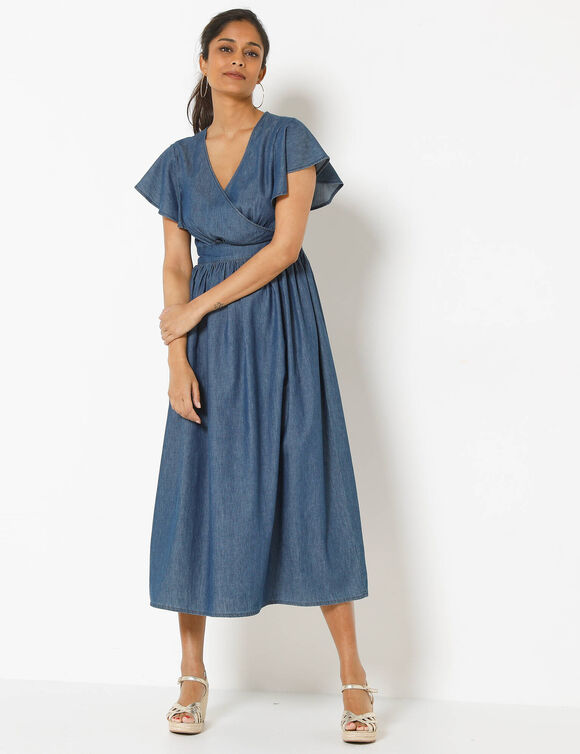 Robe volant&eacute;e cache-coeur, denim l&eacute;ger (stone)