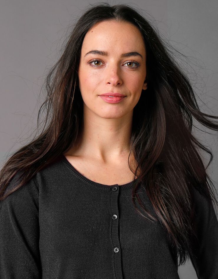 Cardigan boutonné col rond uni toucher cachemire (noir) Cardigan boutonné col rond uni toucher cachemire (noir)