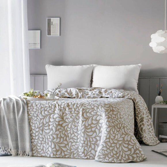 Couvre-lit jacquard motif Feuilles (écru / taupe)