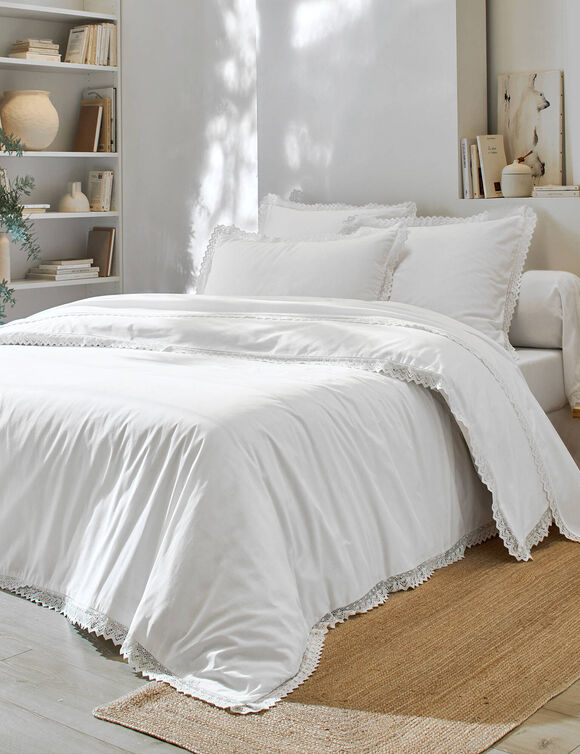 Linge de lit uni dentelle coton (blanc)