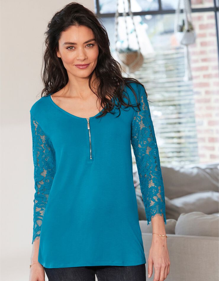 Tee-shirt col zippé manches 3/4 dentelle jersey (bleu prusse) Tee-shirt col zippé manches 3/4 dentelle jersey (bleu prusse)