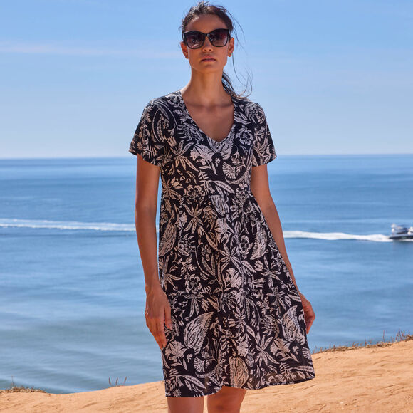Robe col V courte imprim&eacute;e, cr&eacute;pon (noir / blanc)