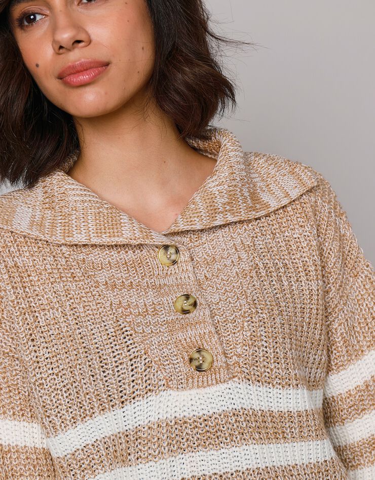 Pull col camionneur rayé, maille anglaise toucher mohair (écru / caramel) Pull col camionneur rayé, maille anglaise toucher mohair (écru / caramel)
