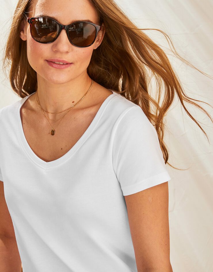 Tee-shirt col V uni manches courtes coton (blanc) Tee-shirt col V uni manches courtes coton (blanc)