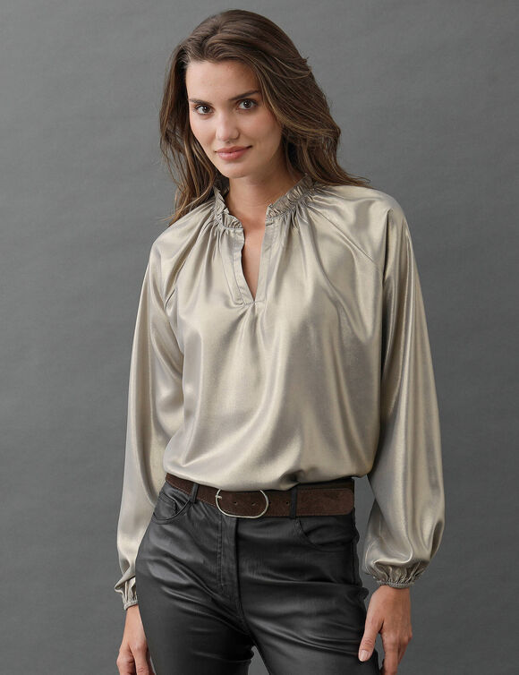 Blouse m&eacute;tallis&eacute;e dor&eacute;e col volant&eacute;, manches longues (dor&eacute;)