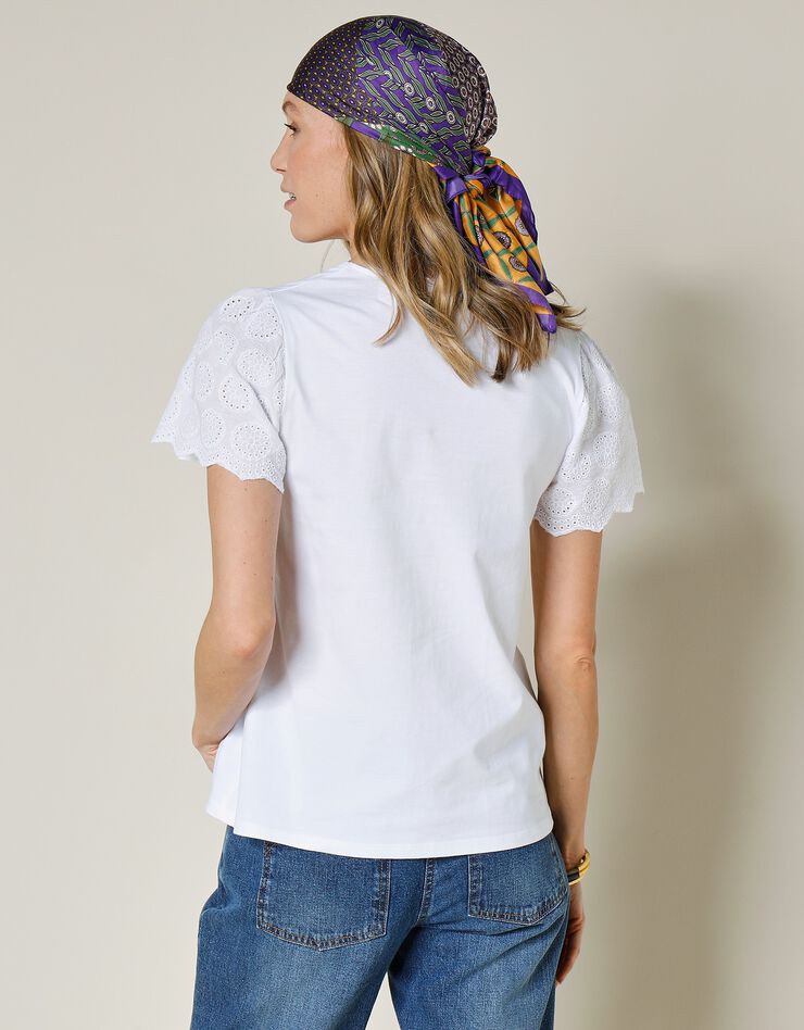 Tee-shirt col V, manches courtes broderie anglaise (blanc)