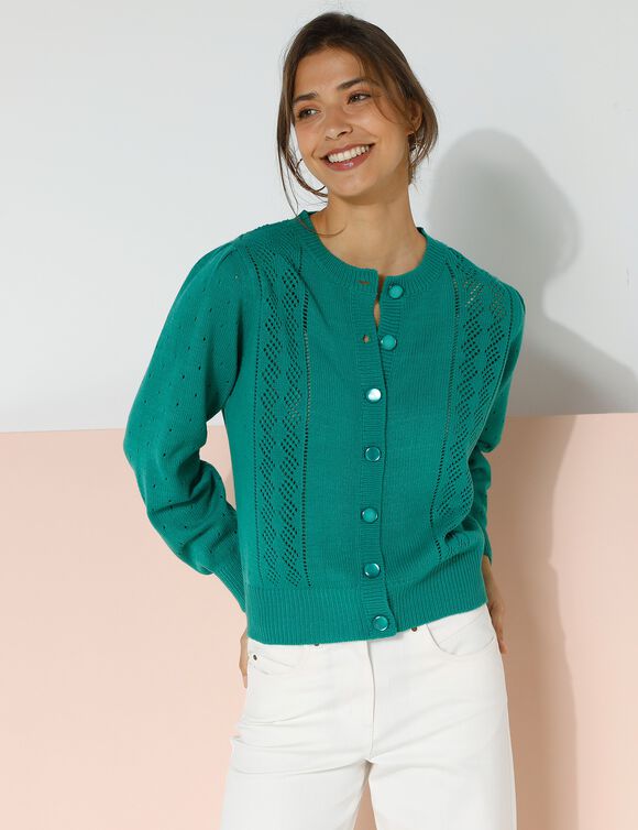 Cardigan boutonn&eacute;, maille ajour&eacute;e (vert)