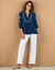 Blouse brodée manches amples, crépon (bleu indigo / rose)