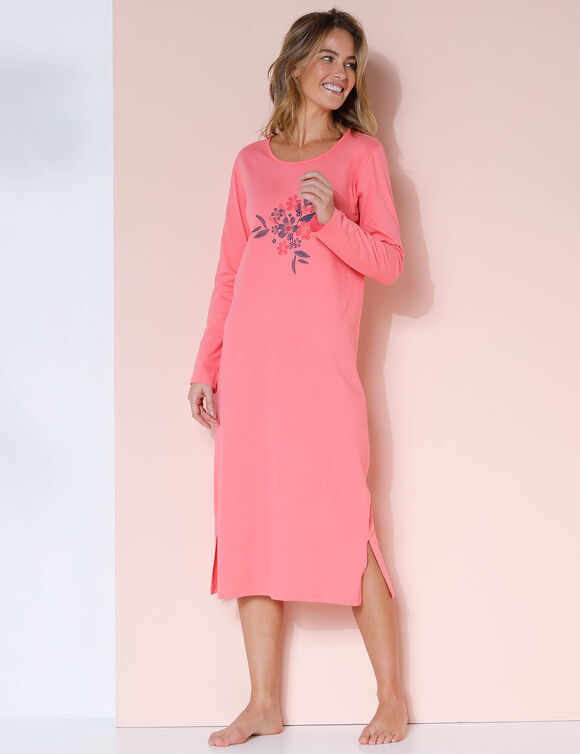 Chemise de nuit longue manches longues imprimé "bouquet" (corail)