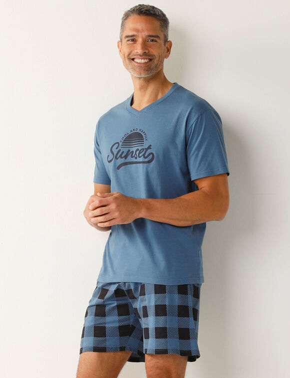 Pyjama short coton carreaux manches courtes (bleu gris&eacute;)