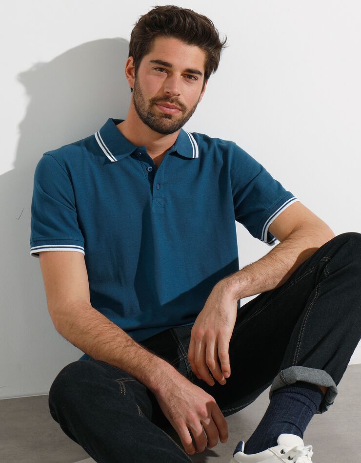 Polo uni maille piquée manches courtes (bleu canard)