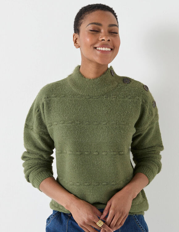 Pull col montant, maille poilue fantaisie (vert tilleul)