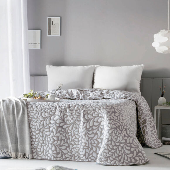Couvre-lit jacquard motif Feuilles (écru / taupe)