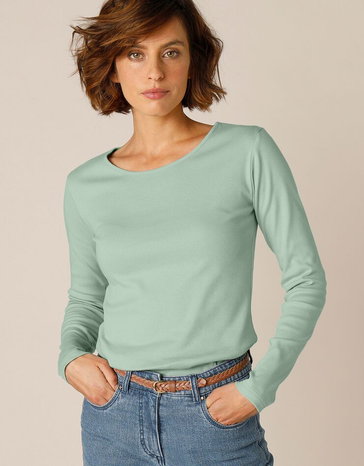 Tee-shirt uni manches longues jersey coton bio (vert grisé)