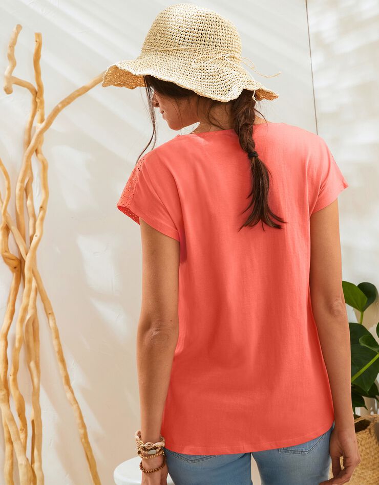 Tee-shirt boutonné, broderie anglaise (pêche) Tee-shirt boutonné, broderie anglaise (pêche)