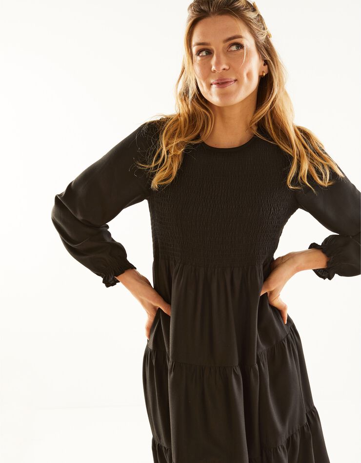 Robe smockée manches longues unie (noir)