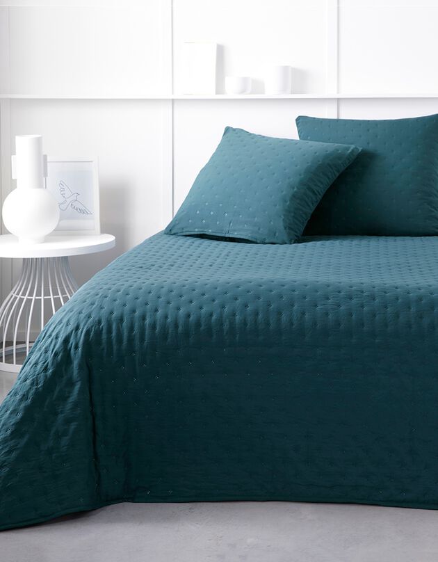 Ensemble couvre-lit uni matelassé reliefé (bleu paon)