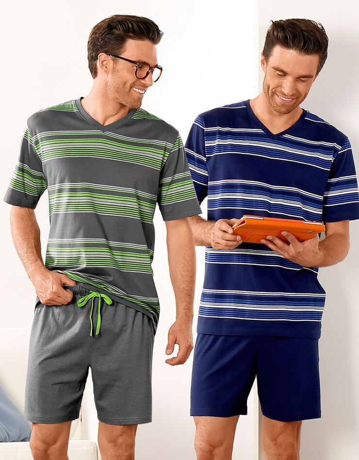 Pyjashort col V coton rayé (bleu marine) Pyjashort col V coton rayé (bleu marine)