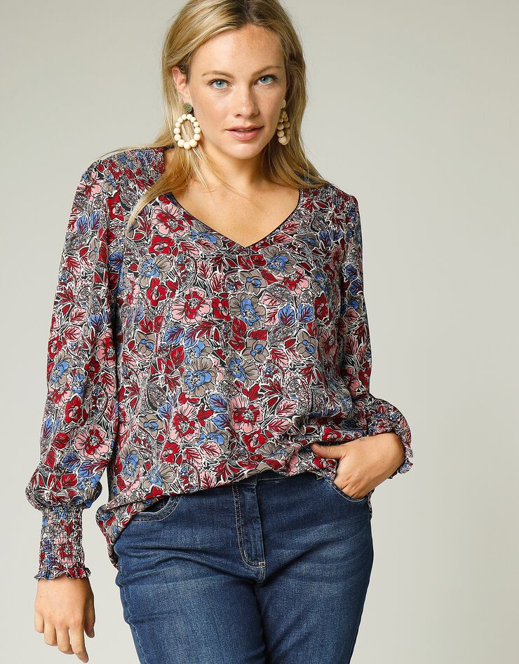 Blouse imprimée romantique col V (noir / rose) Blouse imprimée romantique col V (noir / rose)